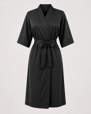 Black Crepe Kimono Client Robe front view with matching waist belt
