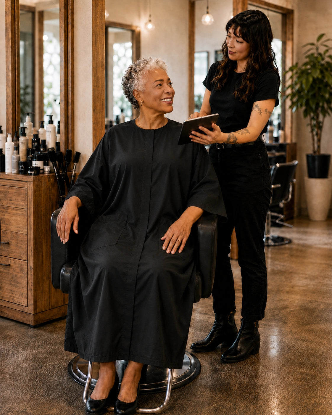 Black Crepe Snap-Front Client Robe worn during seated salon consultation