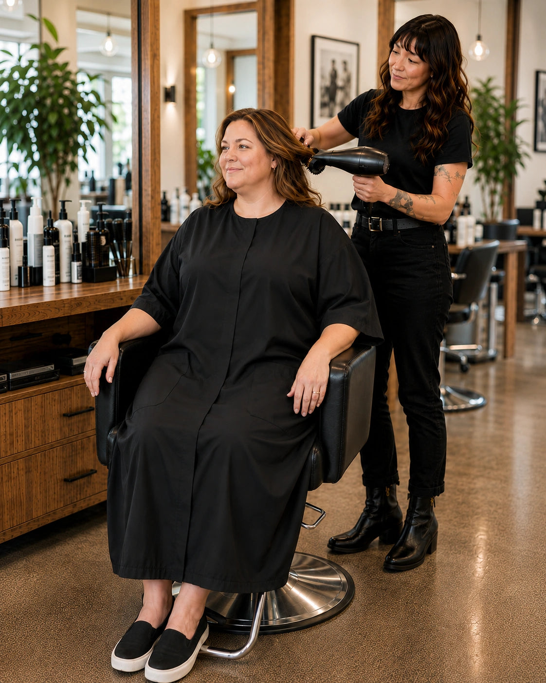 Black Crepe Snap-Front Client Robe worn during salon blow-dry styling service