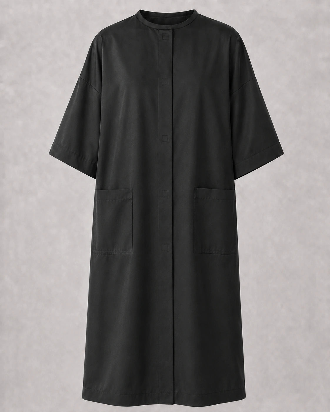 Front view of Black Crepe Snap-Front Client Robe with concealed snap closure and pockets