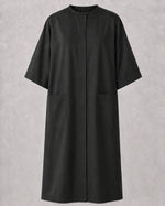 Front view of Black Crepe Snap-Front Client Robe with concealed snap closure and pockets