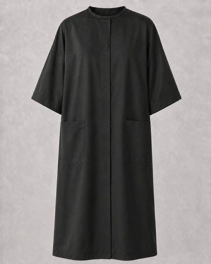 Front view of Black Crepe Snap-Front Client Robe with concealed snap closure and pockets