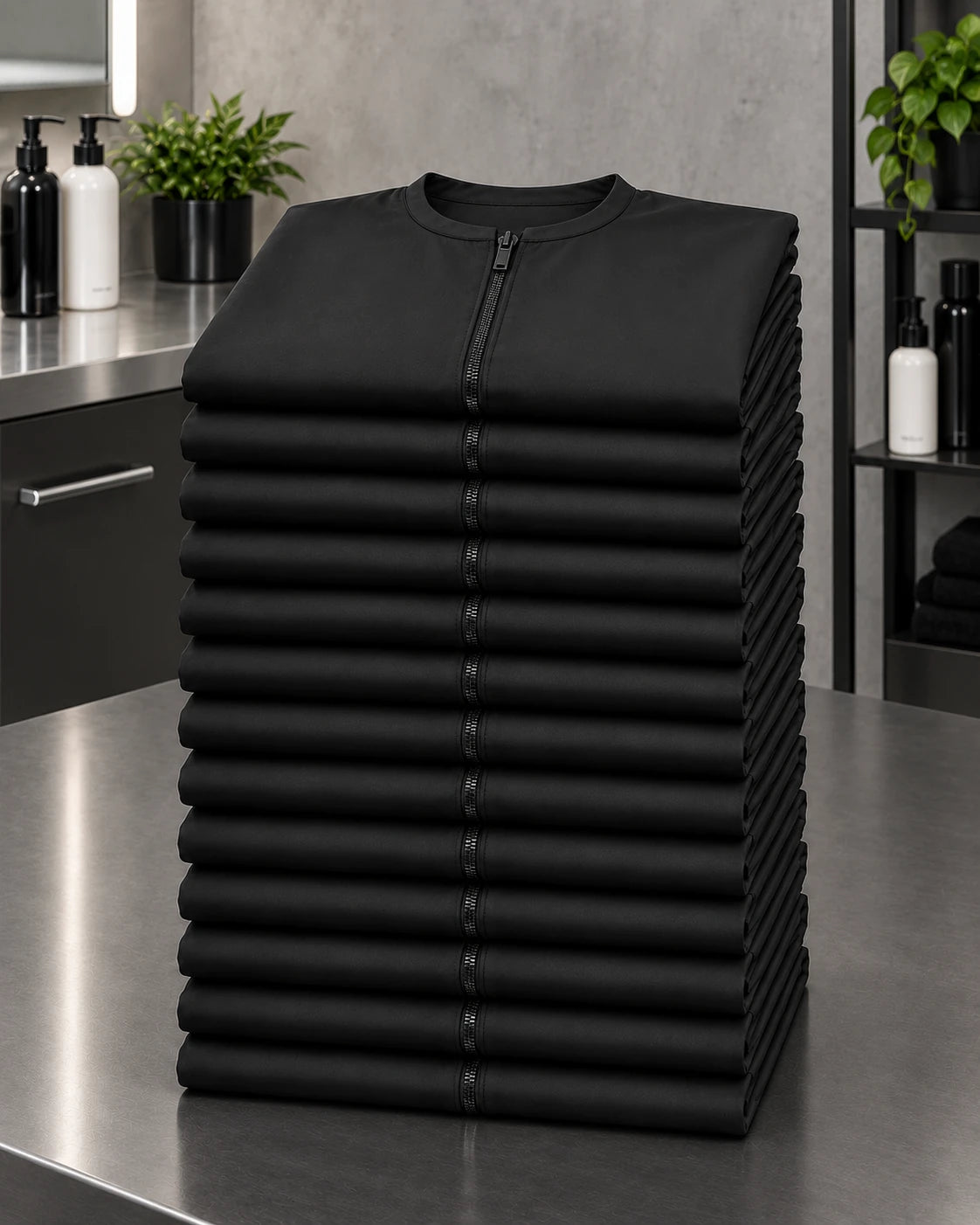 Stack of 13 black crepe zipper-front salon robes for Baker’s Dozen bulk order