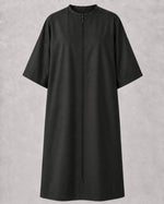 Black crepe zipper-front salon robe front view with full center zipper