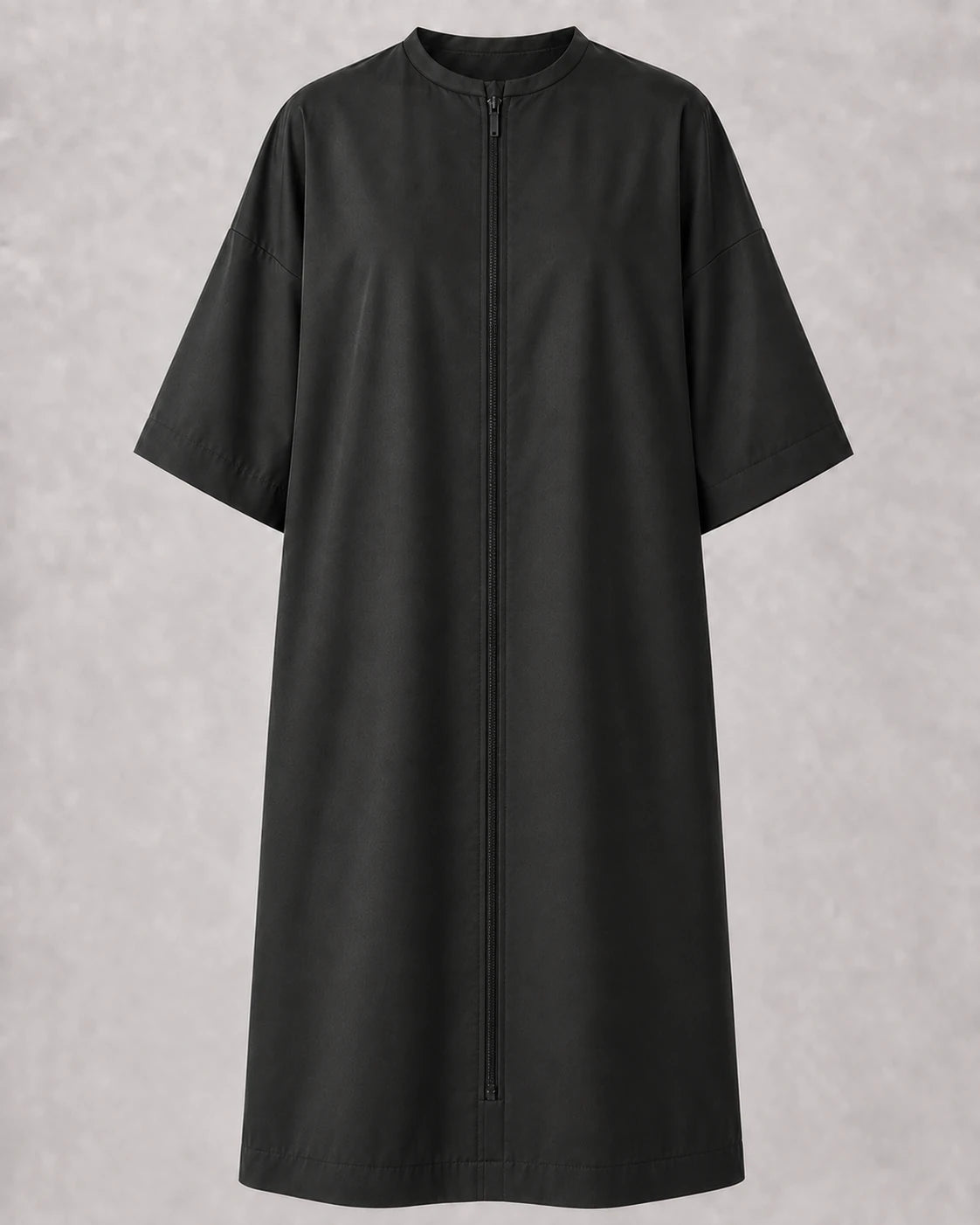 Black crepe zipper-front salon robe front view with full center zipper