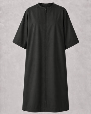Black crepe zipper-front salon robe front view with full center zipper