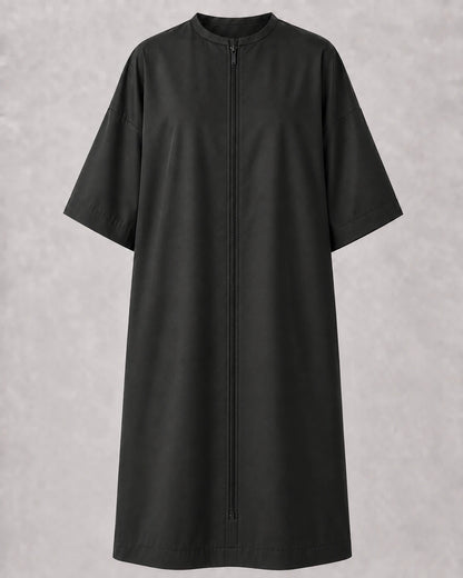 Black crepe zipper-front salon robe front view with full center zipper