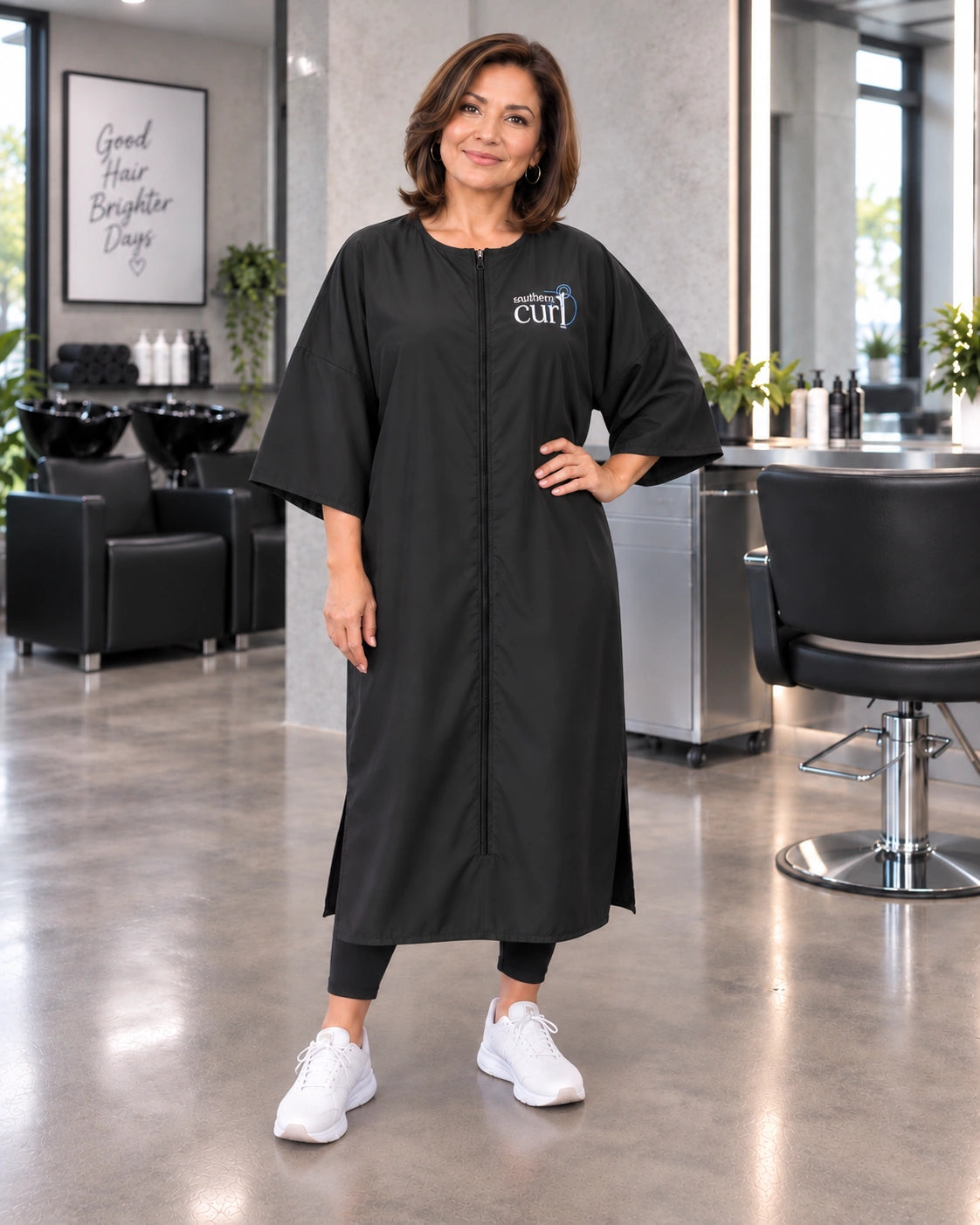 Black SalonCapes zipper-front robe embroidered with Southern Curl salon logo