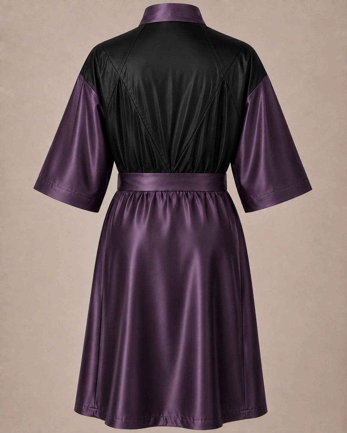 Eggplant Iridescent Kimono Client Robe back view with waterproof black back panel