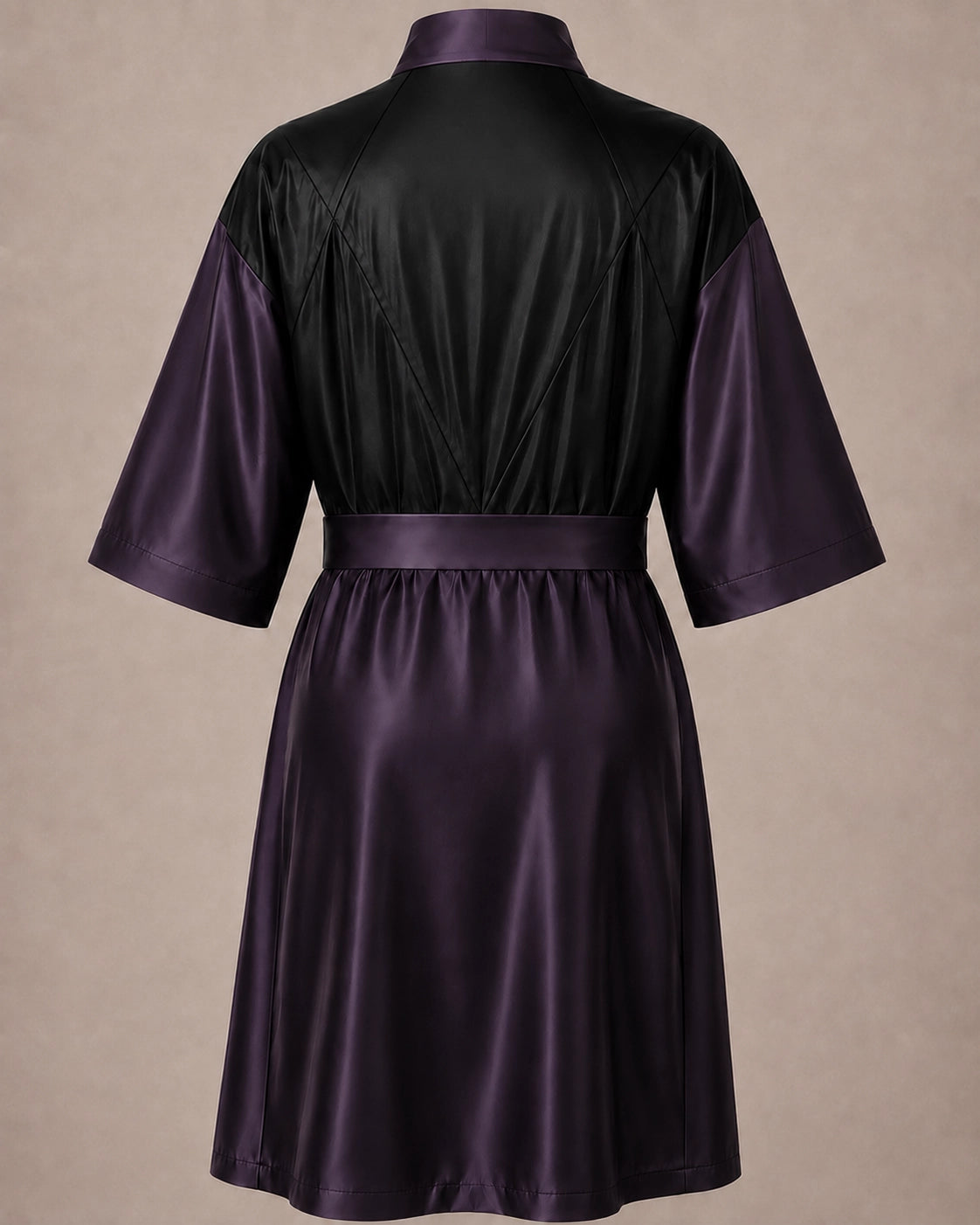 Eggplant Iridescent Kimono Client Robe back view with waterproof black back panel