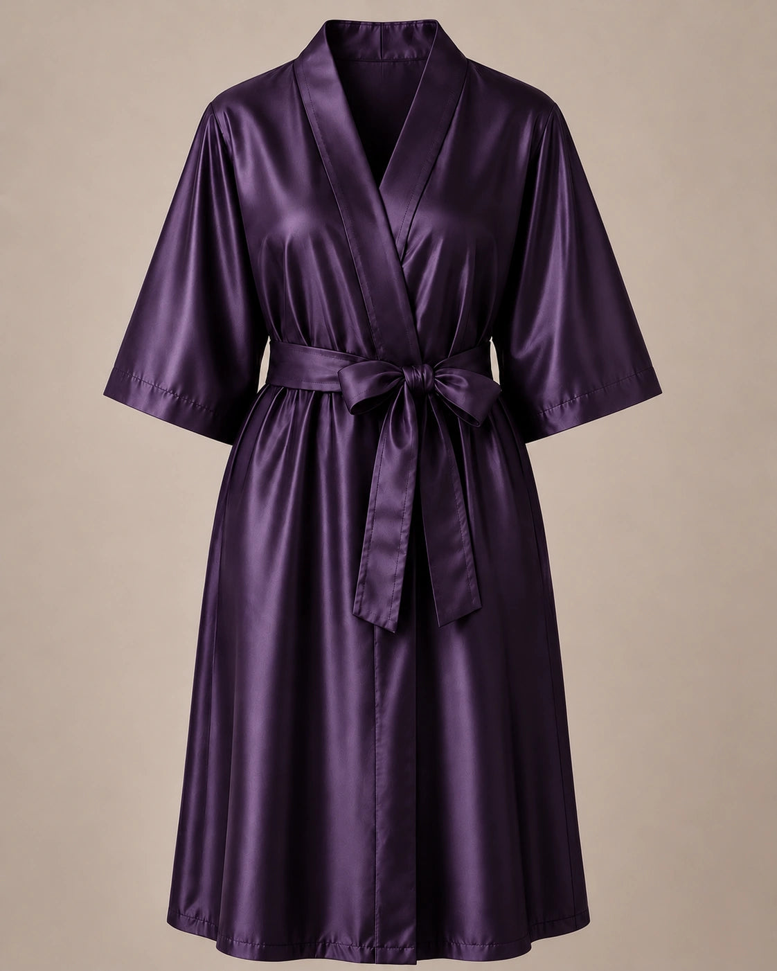 Eggplant iridescent Kimono Client Robe front view with matching waist belt