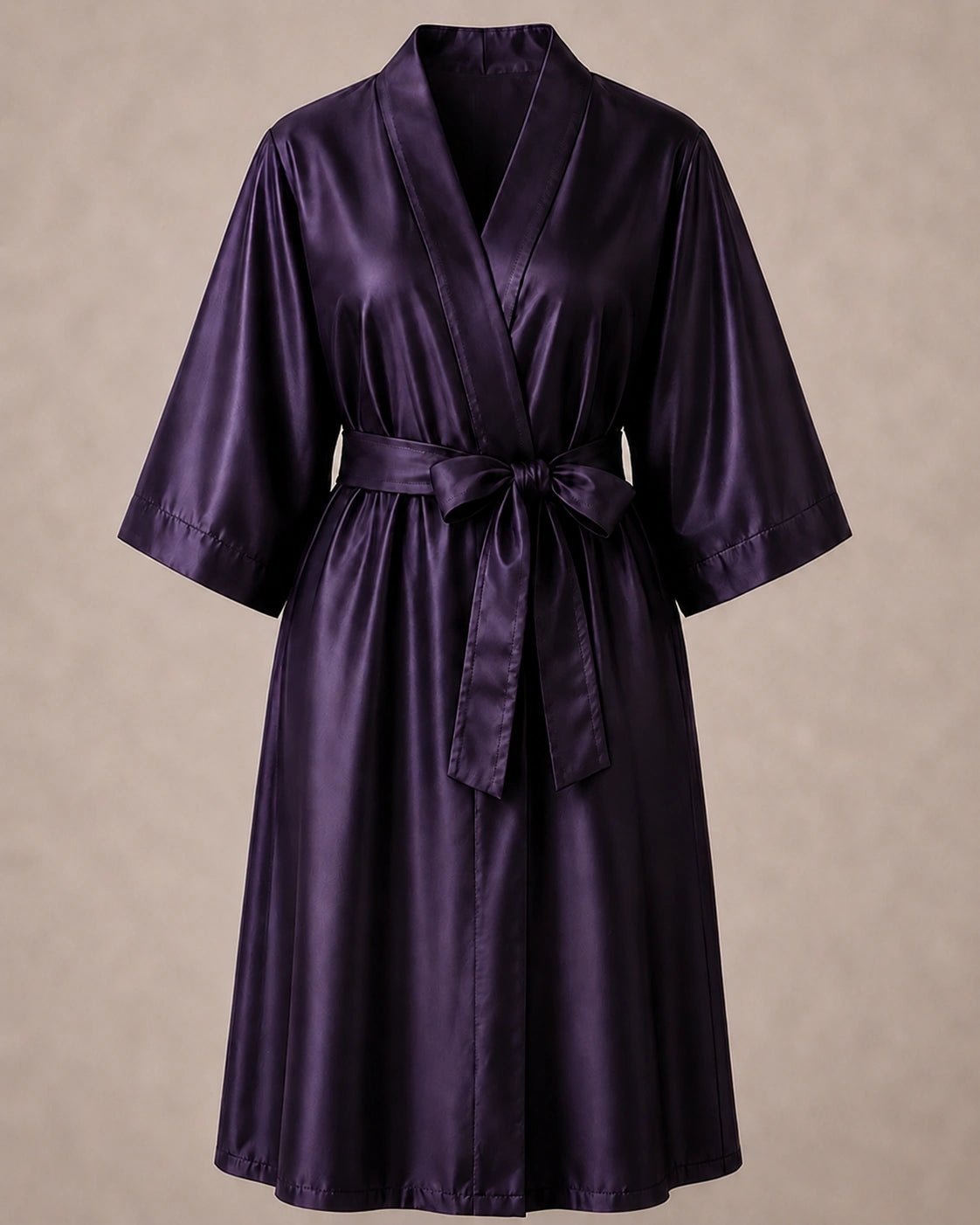 Eggplant Iridescent Kimono Client Robe front view with matching waist belt
