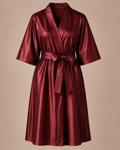 Burgundy Iridescent Kimono Client Robe front view with matching waist belt