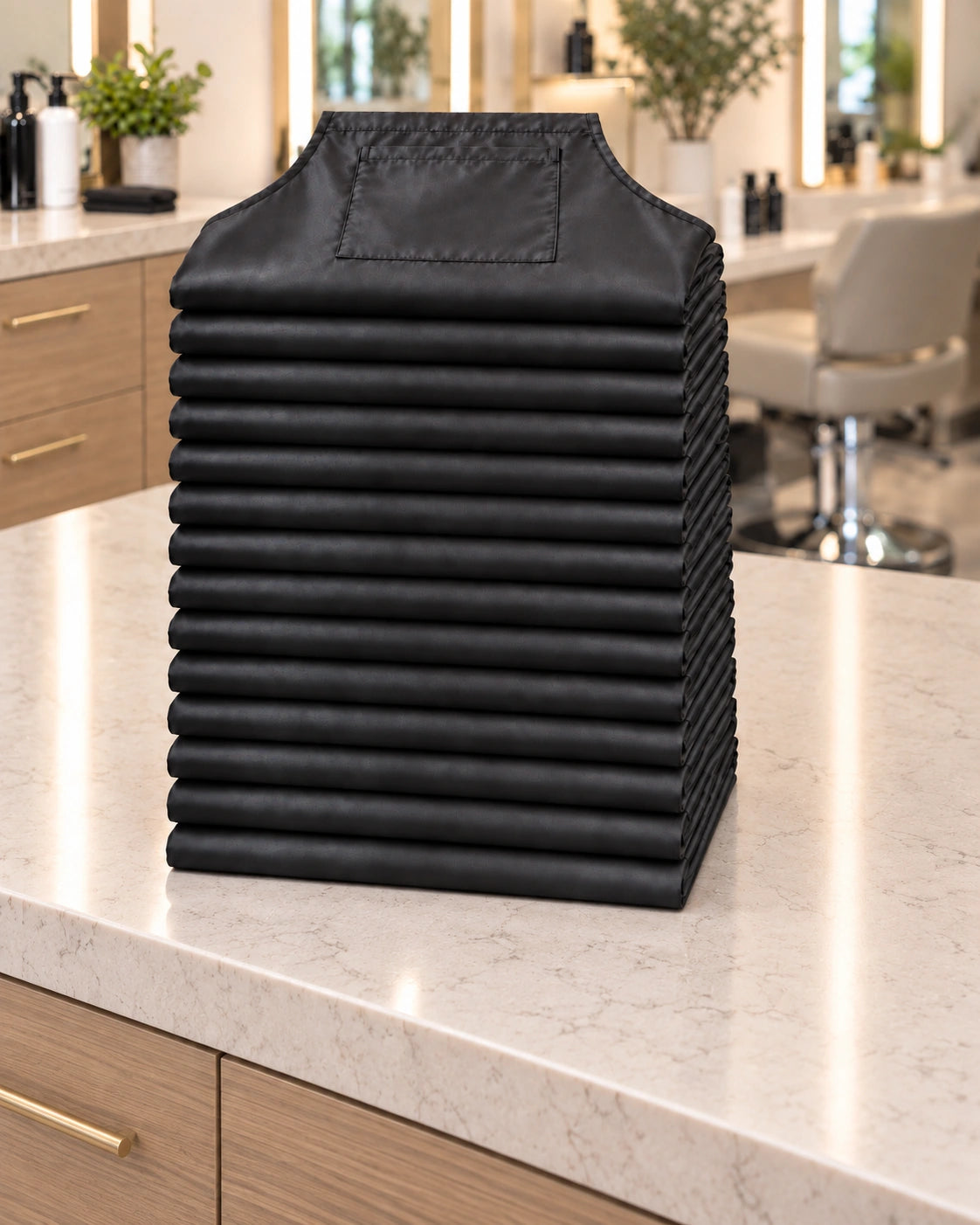Baker’s Dozen stack of 13 black iridescent SalonCapes aprons displayed in an upscale salon