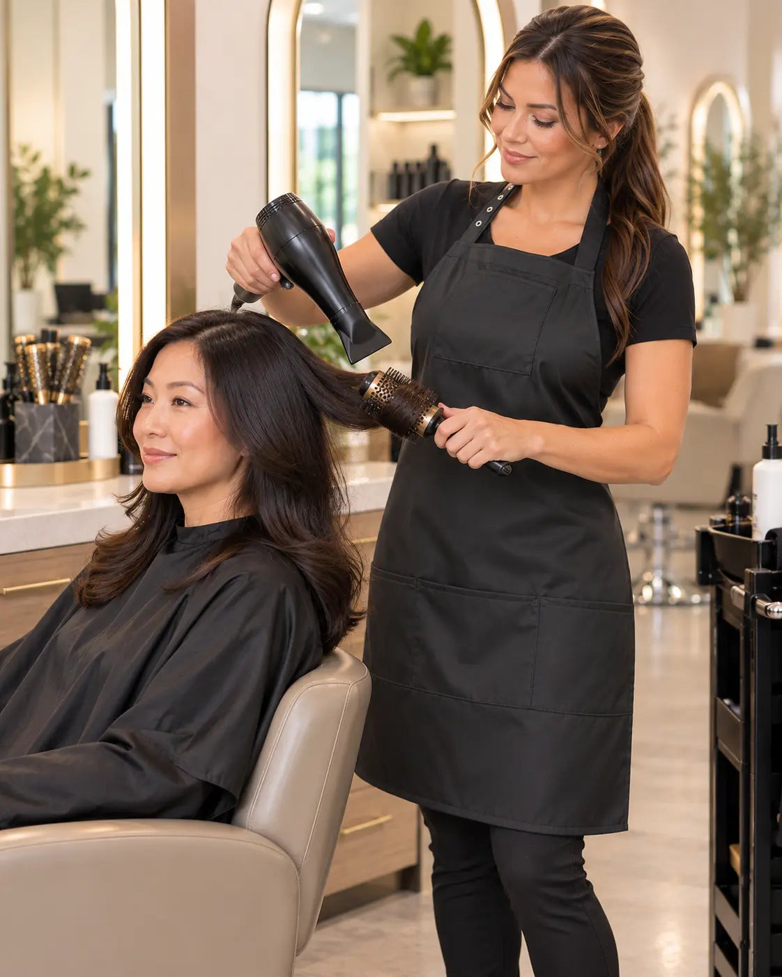 Stylist wearing a black iridescent salon apron while blow-drying an East Asian client’s hair