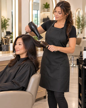 Stylist wearing a black iridescent salon apron while blow-drying an East Asian client’s hair