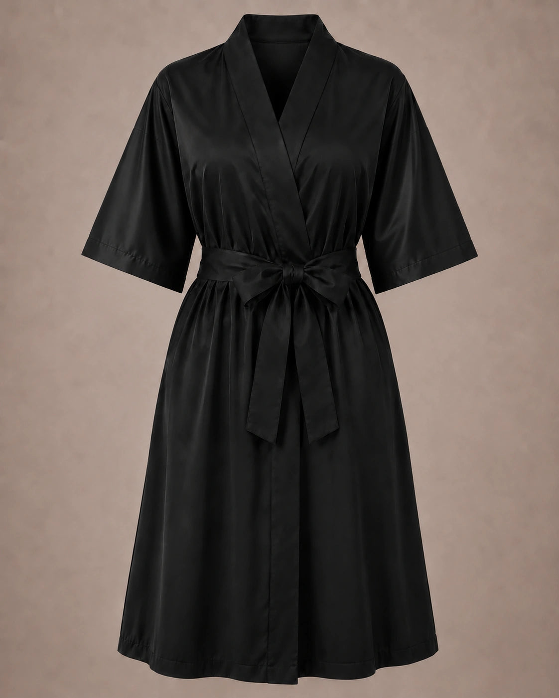 Black iridescent Kimono Client Robe front view with matching waist belt