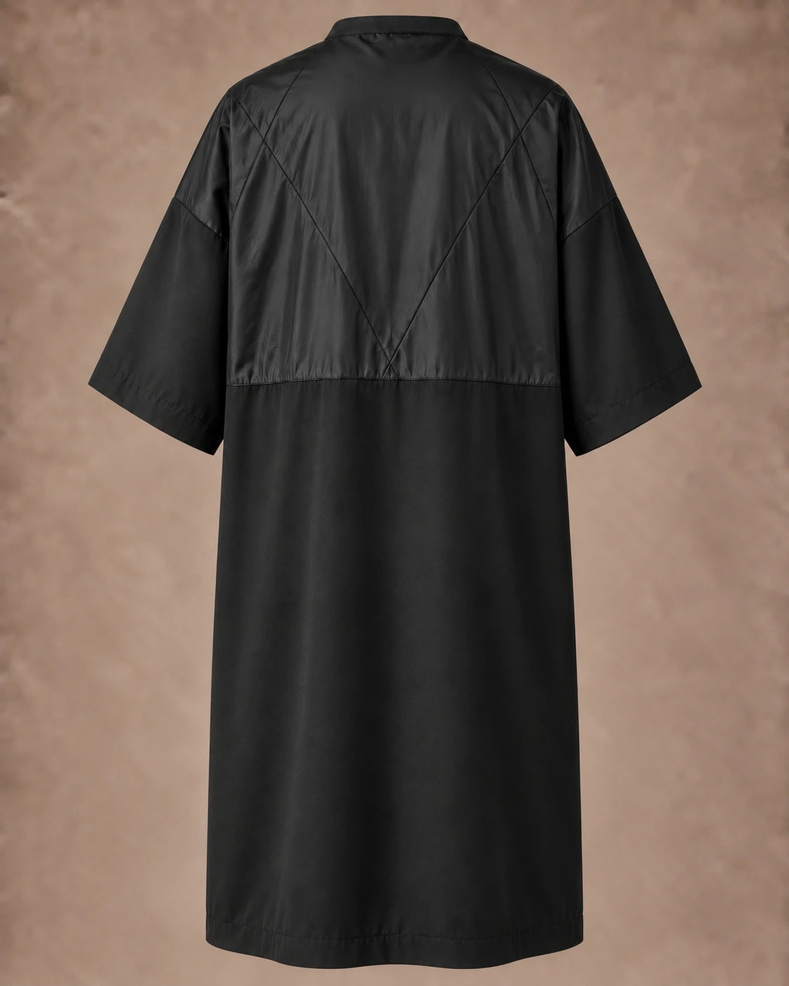 Iridescent black zipper-front salon robe back view with black waterproof upper-back panel