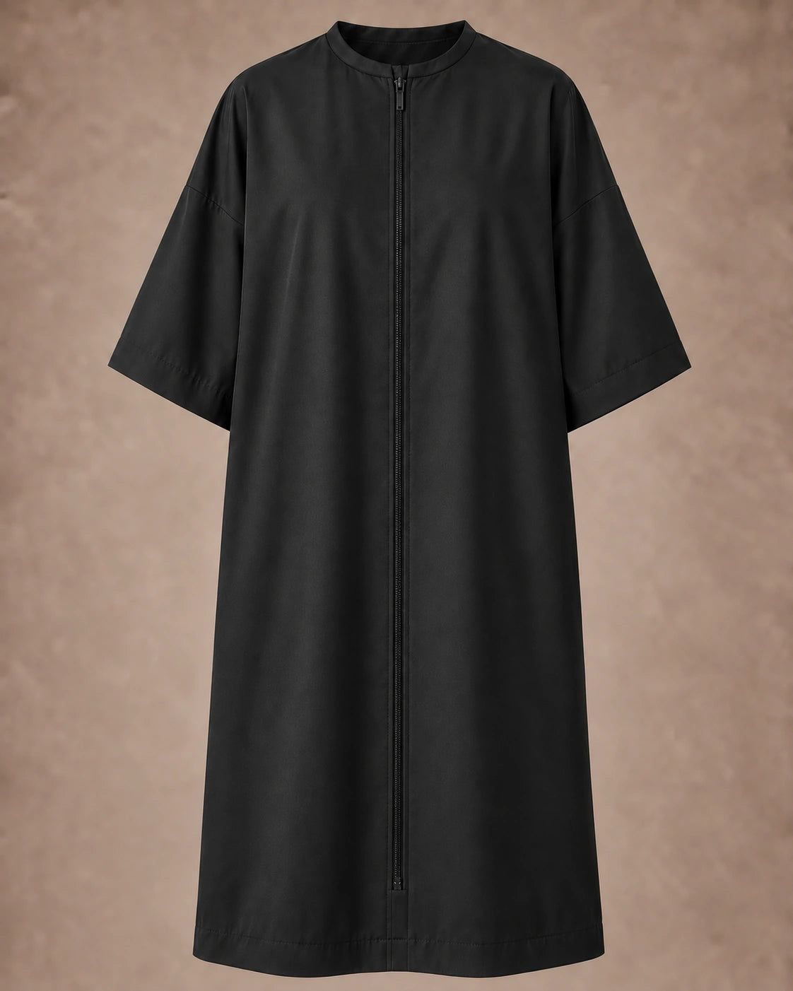 Iridescent black zipper-front salon robe front view with black center zipper