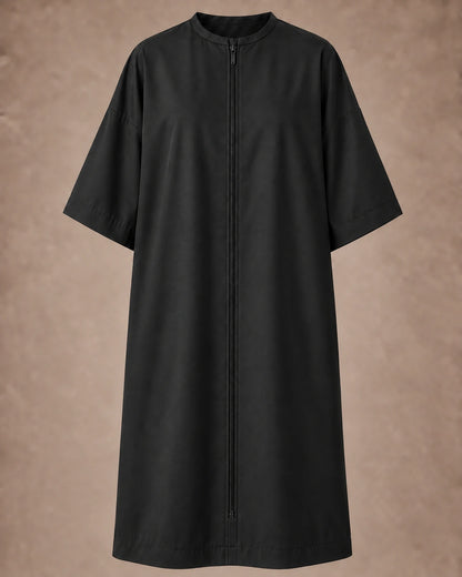Iridescent black zipper-front salon robe front view with black center zipper