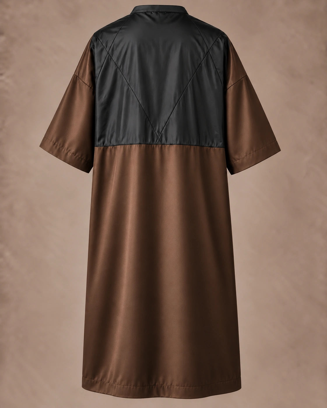 Iridescent brown zipper-front salon robe back view with black waterproof upper-back panel