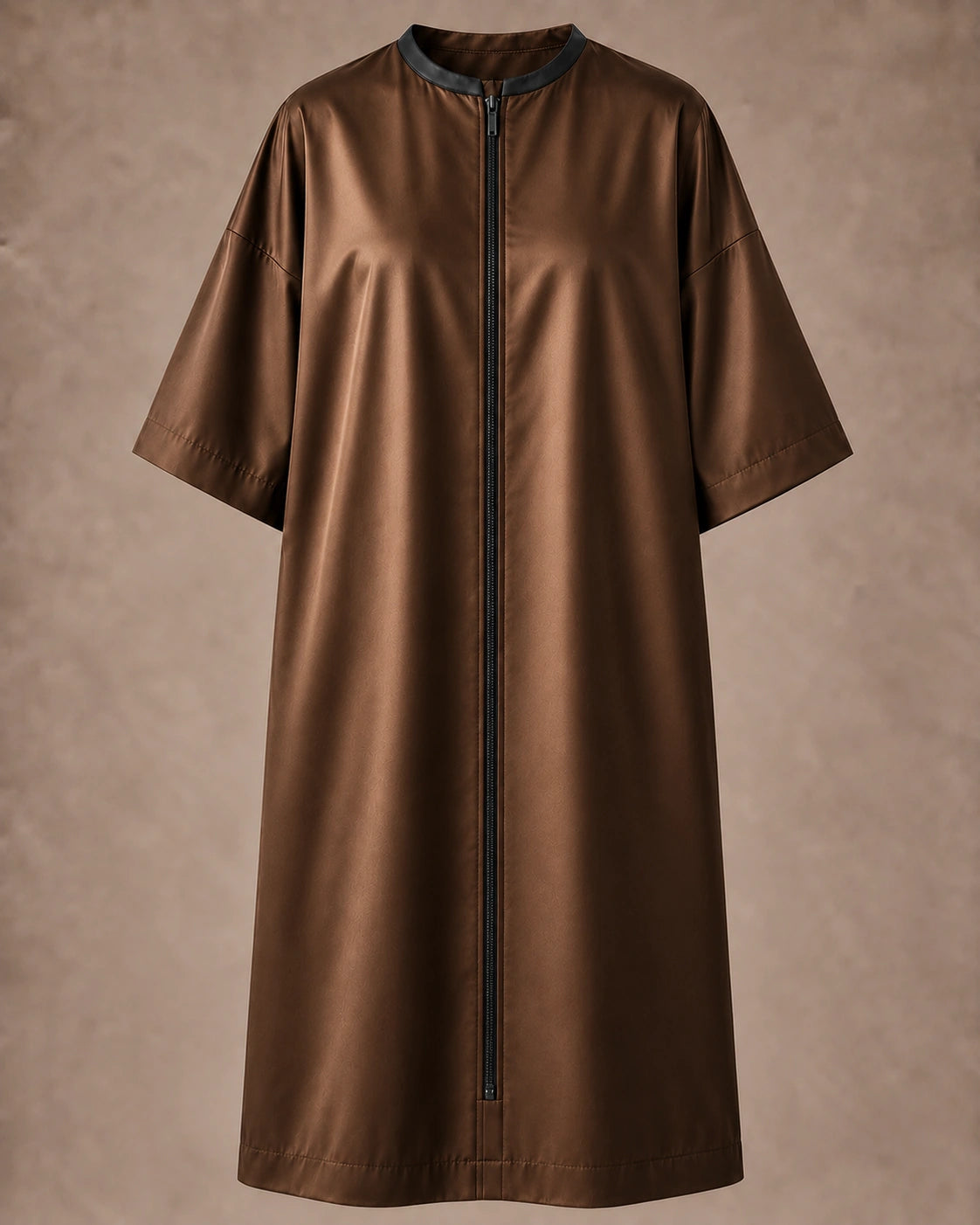 Iridescent brown zipper-front salon robe front view with black center zipper