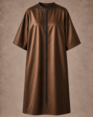 Iridescent brown zipper-front salon robe front view with black center zipper