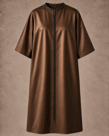 Iridescent brown zipper-front salon robe front view with black center zipper