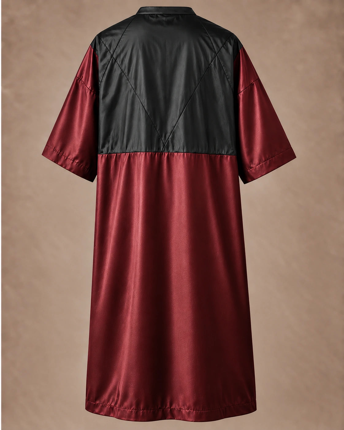 Iridescent burgundy zipper-front salon robe back view with black waterproof upper-back panel