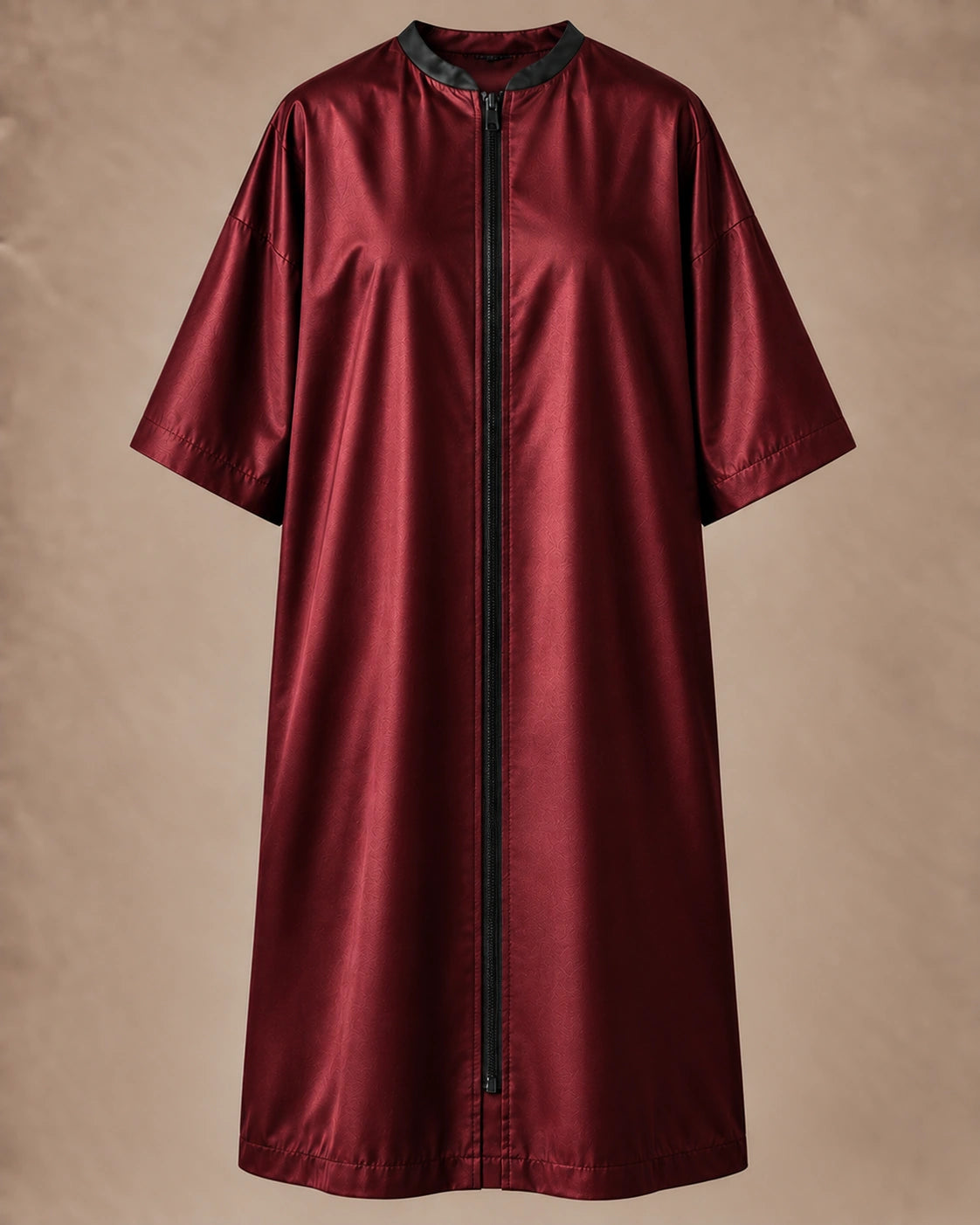 Iridescent burgundy zipper-front salon robe front view with black center zipper