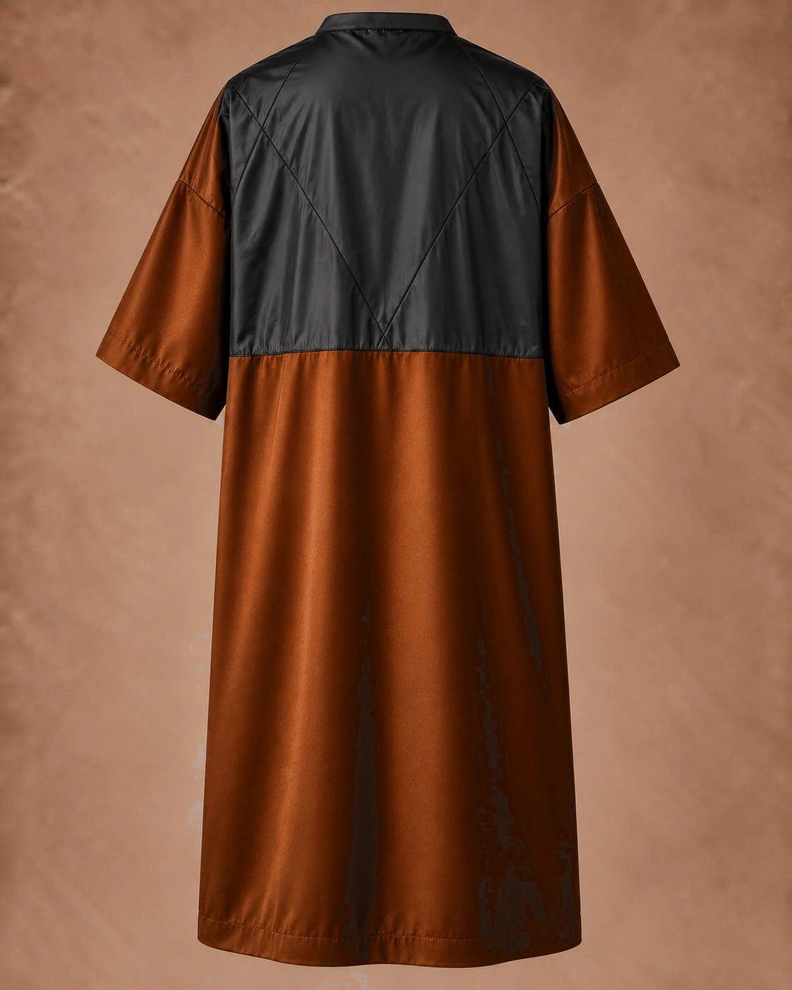 Iridescent copper zipper-front salon robe back view with black waterproof upper-back panel