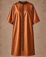 Iridescent copper zipper-front salon robe front view with black center zipper