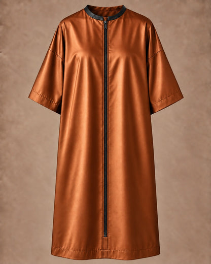 Iridescent copper zipper-front salon robe front view with black center zipper