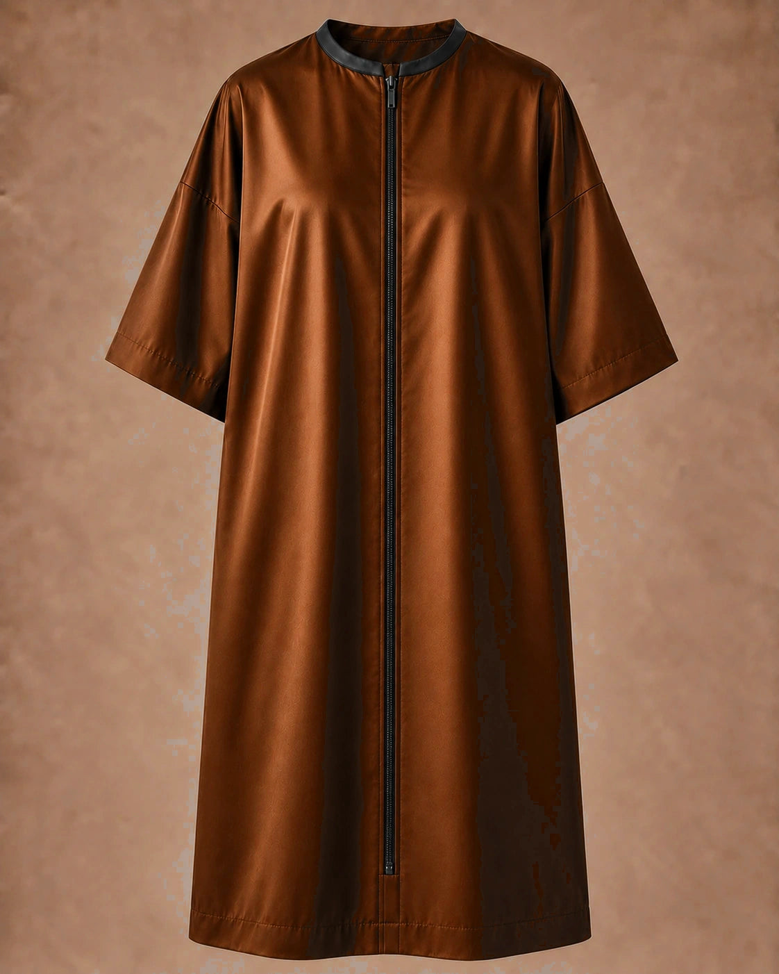 Iridescent copper zipper-front salon robe front view with black center zipper