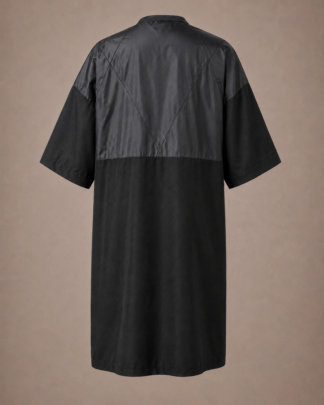 Black iridescent snap-front salon robe back view with black waterproof upper-back panel
