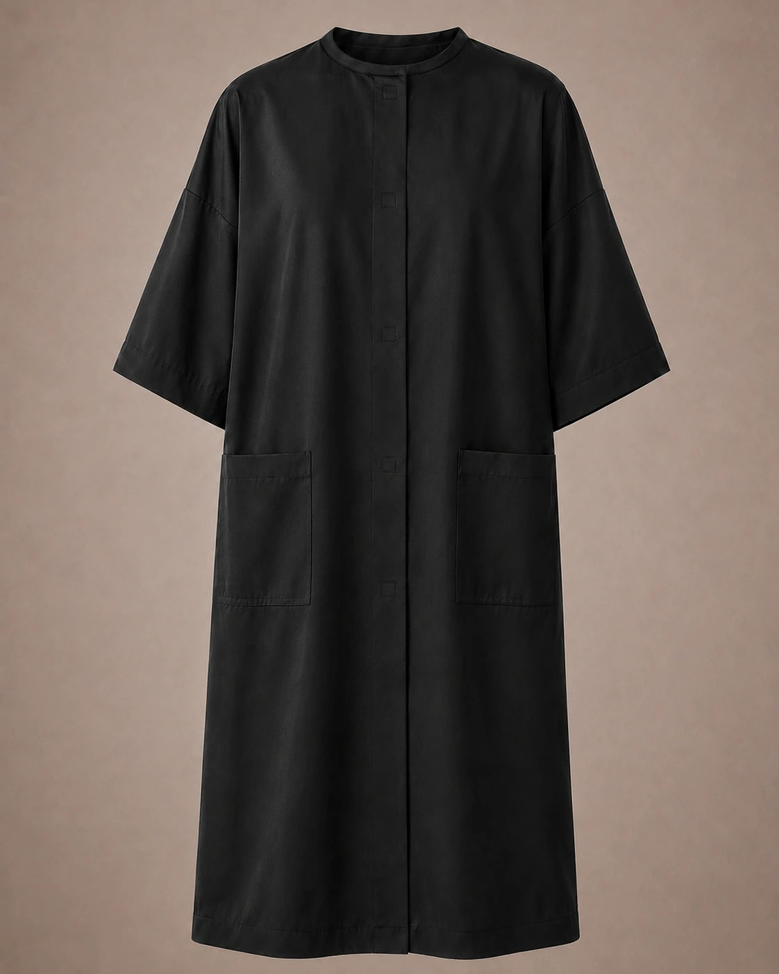 Black iridescent snap-front salon robe front view with black collar trim, short sleeves and front pockets