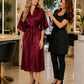 Burgundy Iridescent Kimono Client Robe worn by salon client with stylist beside her