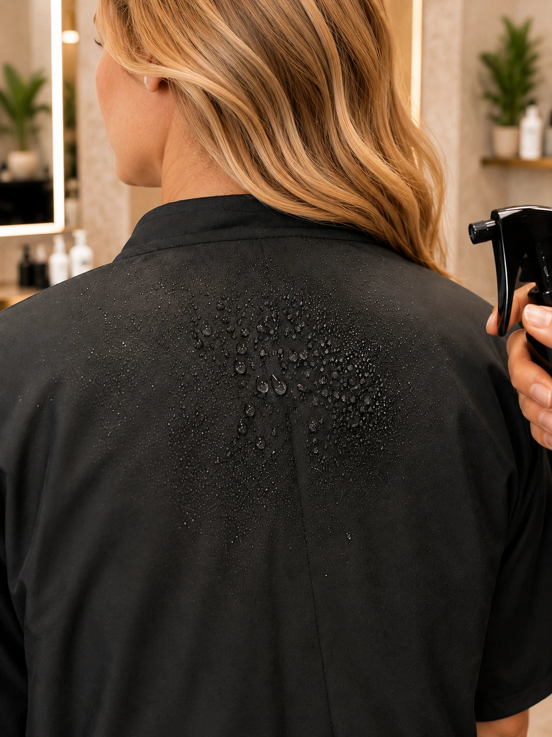 Close-up of water beading on black waterproof back panel of Burgundy Iridescent Kimono Client Robe
