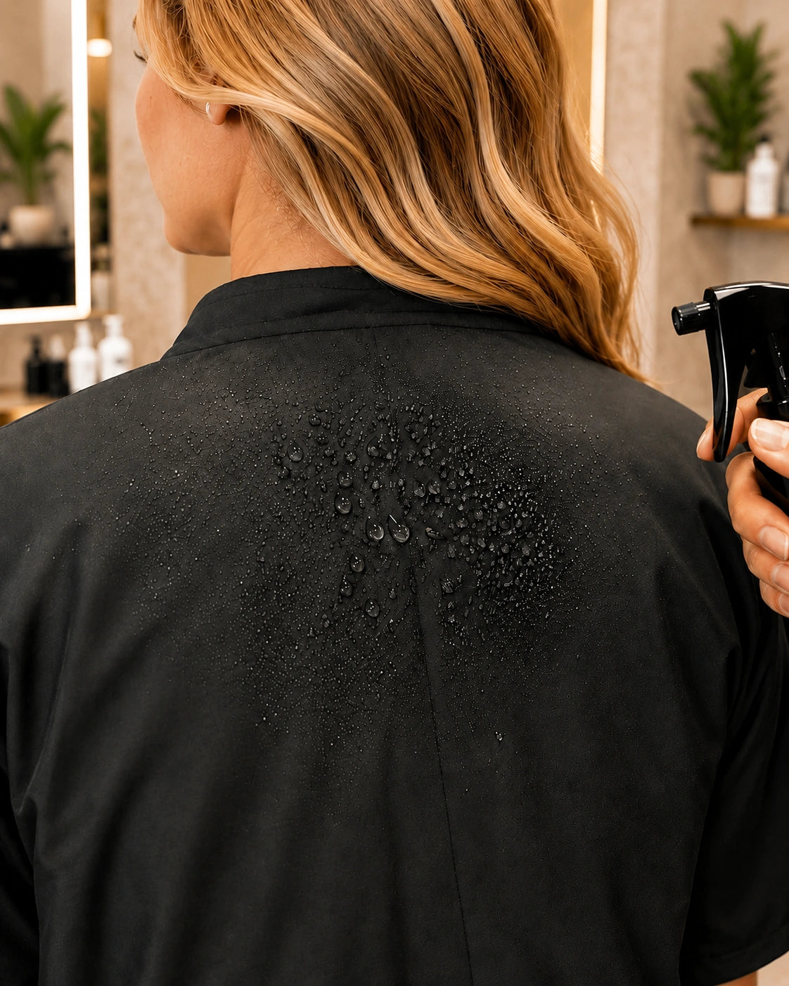Close-up of water beading on black waterproof back panel of Burgundy Iridescent Kimono Client Robe