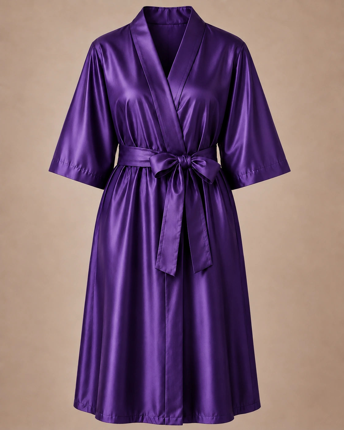 Purple iridescent Kimono Client Robe front view with matching waist belt