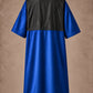 Iridescent royal blue zipper-front salon robe back view with black waterproof upper-back panel