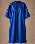 Iridescent royal blue zipper-front salon robe front view with black center zipper