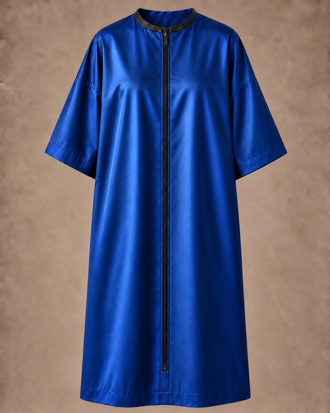 Iridescent royal blue zipper-front salon robe front view with black center zipper