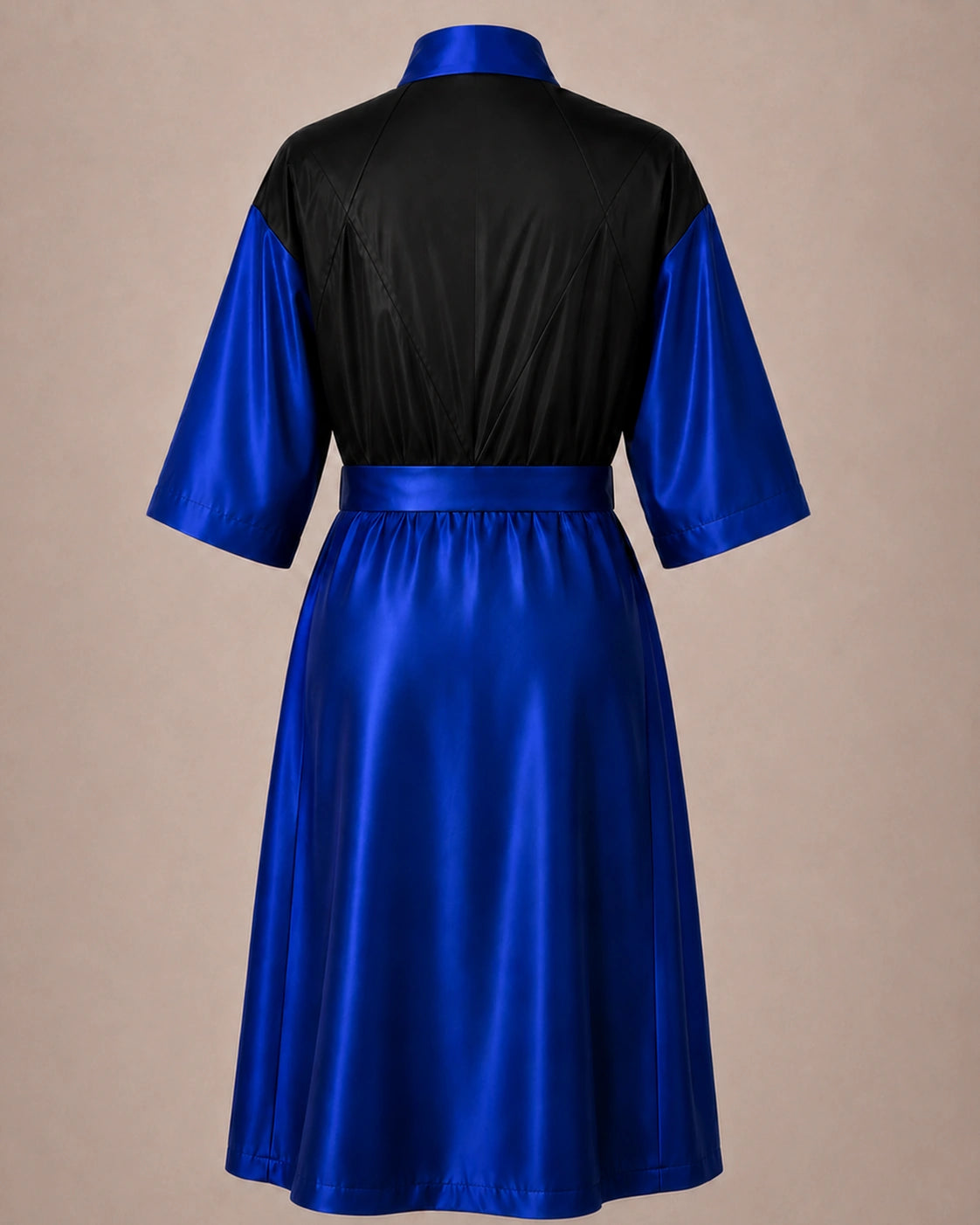 Royal Blue Iridescent Kimono Client Robe back view with waterproof black back panel