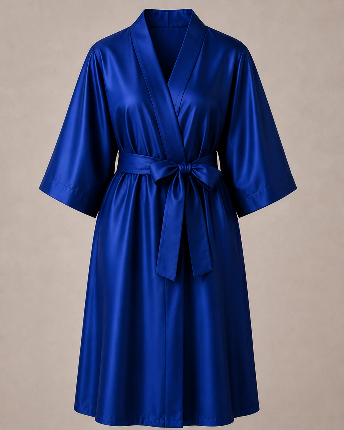 Royal Blue Iridescent Kimono Client Robe front view with matching waist belt