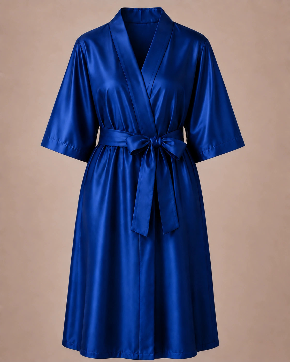 Royal Blue Iridescent Kimono Client Robe front view with matching waist belt