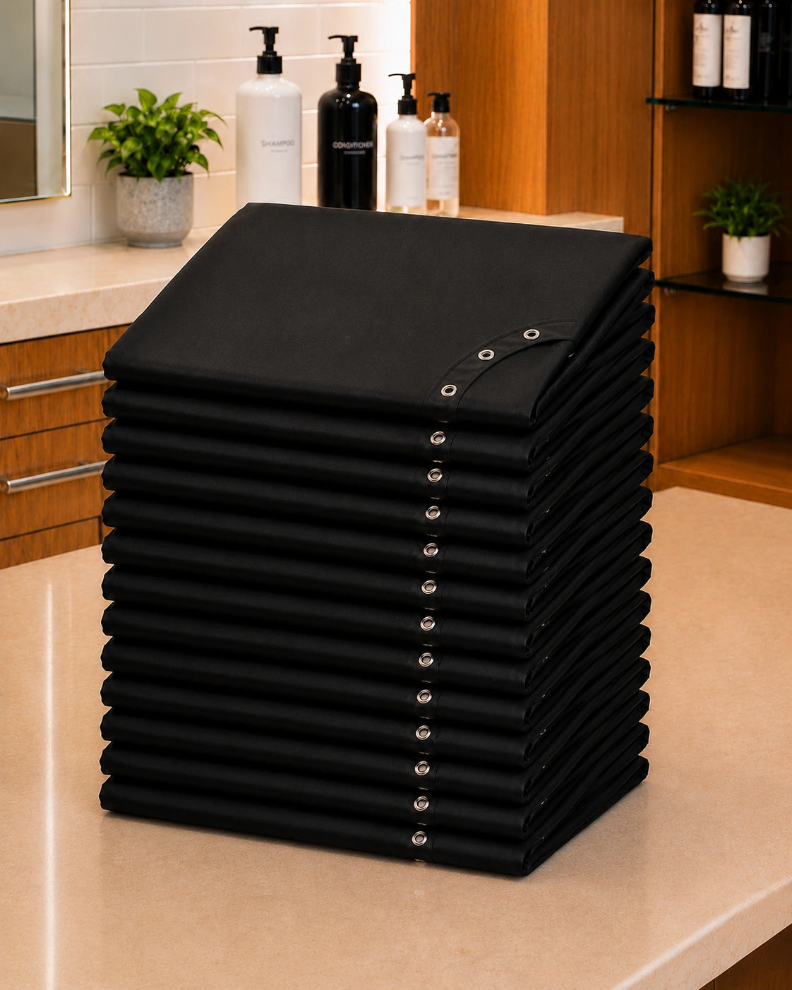 Stack of 13 black SalonCapes crepe cutting capes representing the Baker’s Dozen bulk purchase option