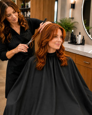 Stylist cutting hair with client protected by a black SalonCapes crepe cutting cape