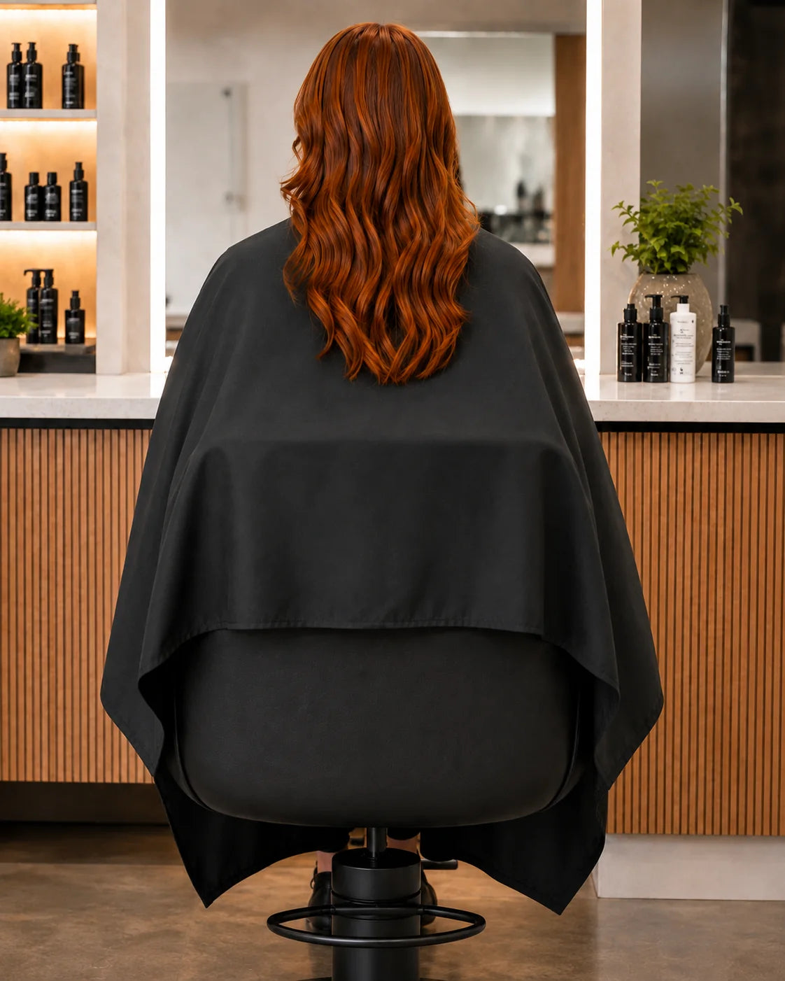 Black SalonCapes crepe cutting cape wrapping around salon chair for extended client coverage