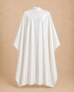 White iridescent SalonCapes extra long cutting cape front view